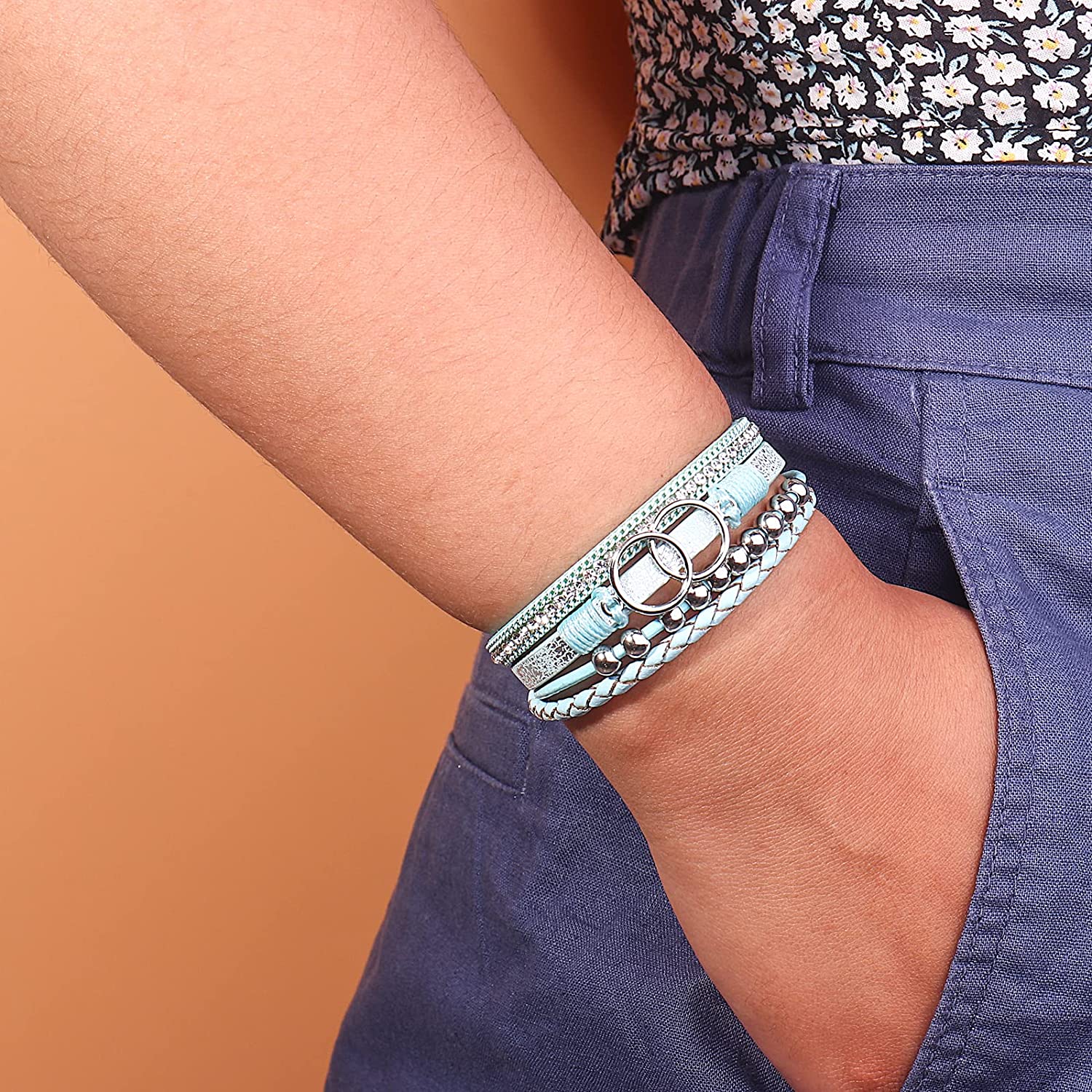 FANCY SHINY Boho Wrap Bracelets Leather Cuff Bangle Gold Beaded Bracelets for Women Stackable Infinity Bracelets Jewelry with Clasp - Image 3